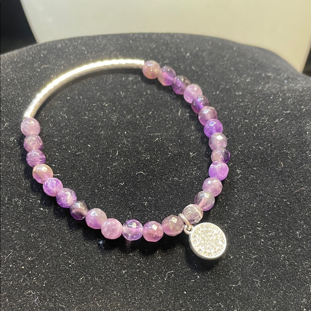 Amethyst Beaded Stretchy Bracelet with Silver Charm